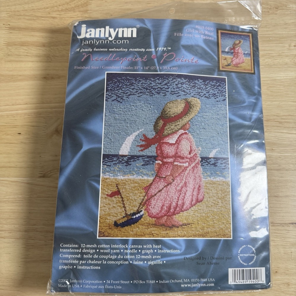 NEW Janlynn Girl With Boat 11"x14" Needlepoint Kit #019-0400 Beach Ocean VTG